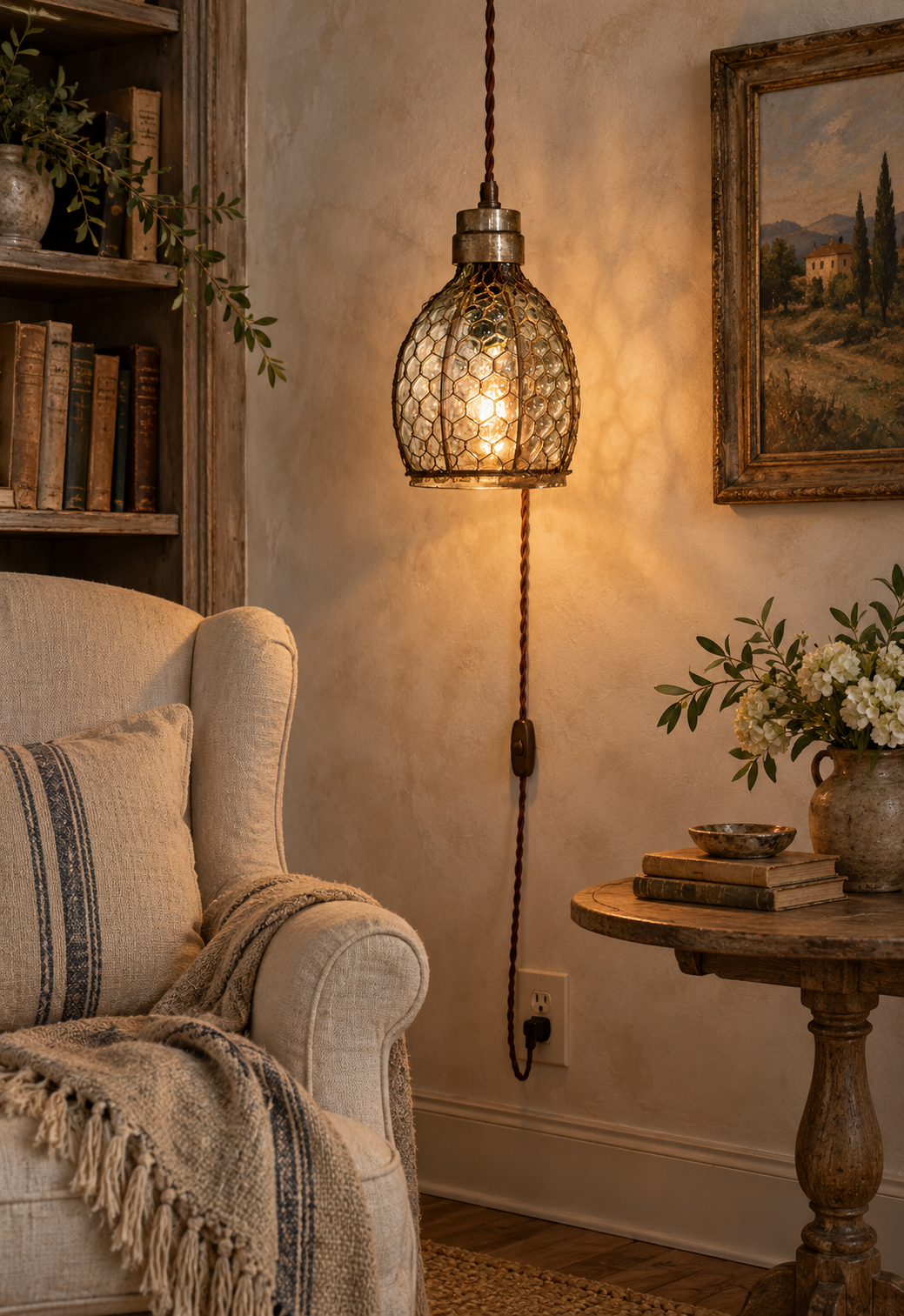 Chicken Wire Glass Plug-In Pendant in a warm reading corner