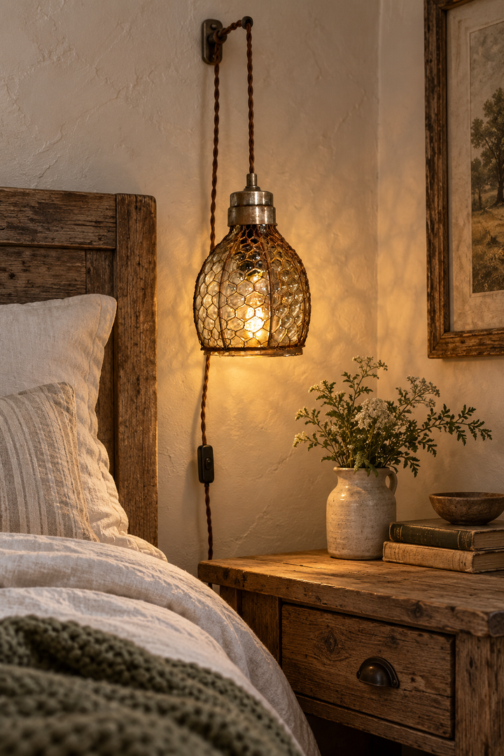 Chicken Wire Glass Plug-In Pendant beside a rustic bedside table