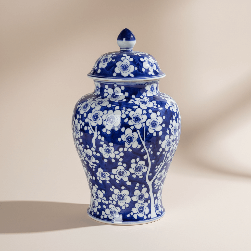 Chinoiserie Blue and White Floral Ginger Jar in elegant porcelain with intricate floral patterns.