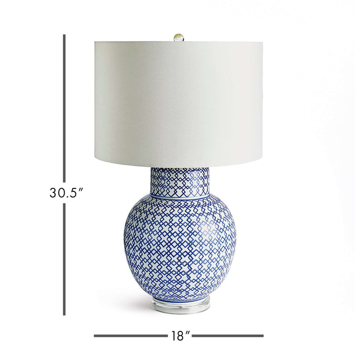 Chinoiserie blue and white ginger jar lamp with a white shade, measuring 30.5 inches tall and 18 inches wide.