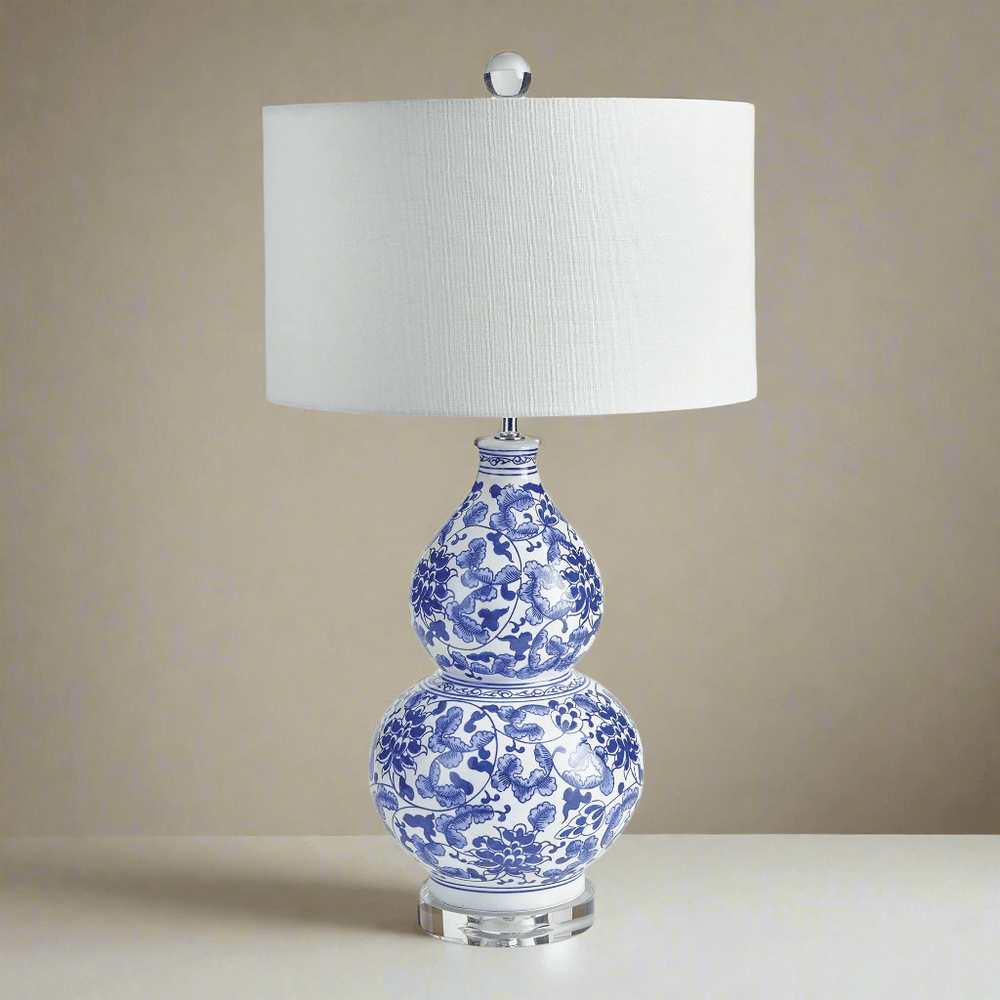 Chinoiserie double gourd table lamp with hand-painted blue floral design and white shade, elegant home decor.