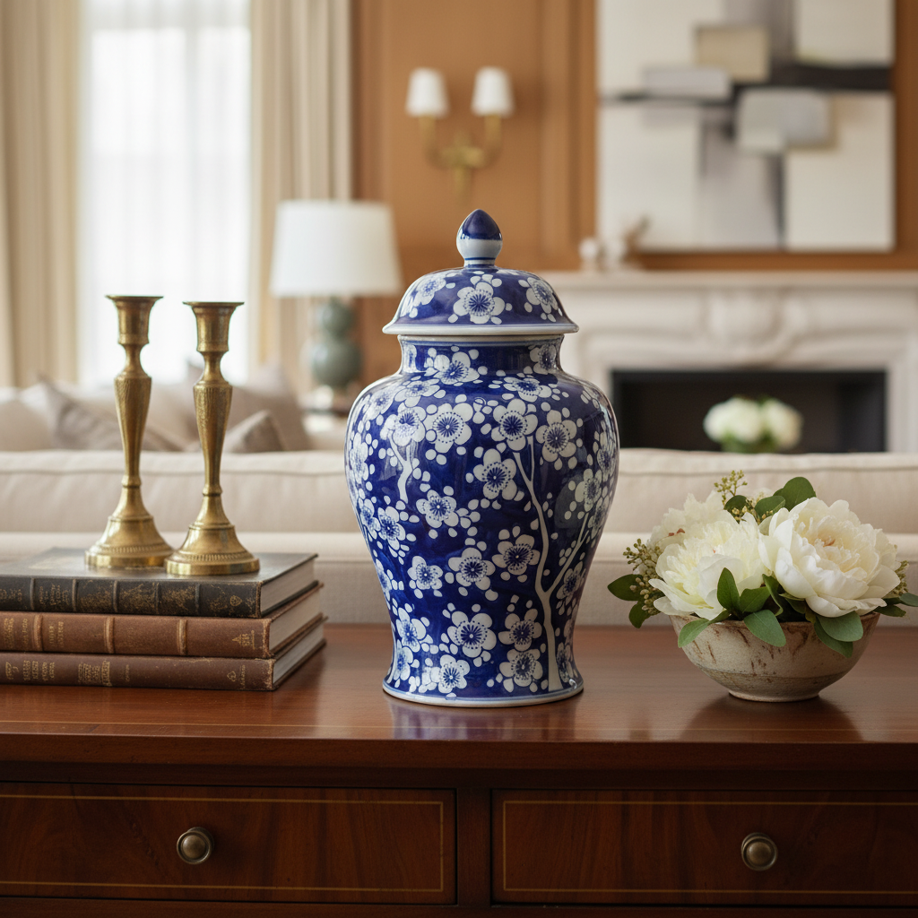 Chinoiserie Blue and White Floral Ginger Jar on elegant wooden table with books and flowers in vintage interior