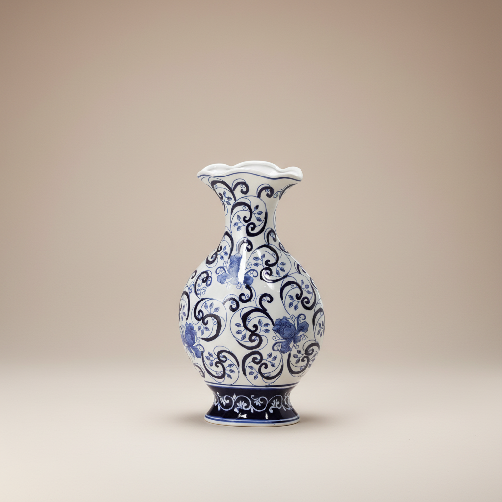 Chinoiserie Blue and White Floral Porcelain Vase with intricate floral design on display.