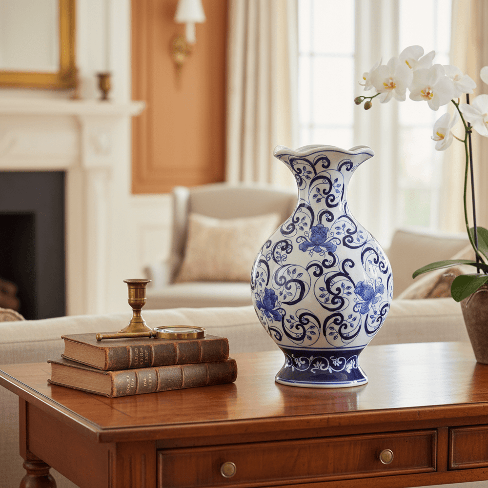Chinoiserie Blue and White Floral Porcelain Vase on a wooden table in a luxurious living room setting with classic decor.