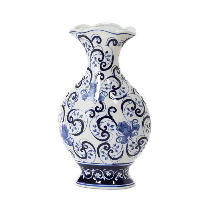 Chinoiserie Blue and White Floral Porcelain Vase with intricate floral design, perfect for elegant Old World manor decor.
