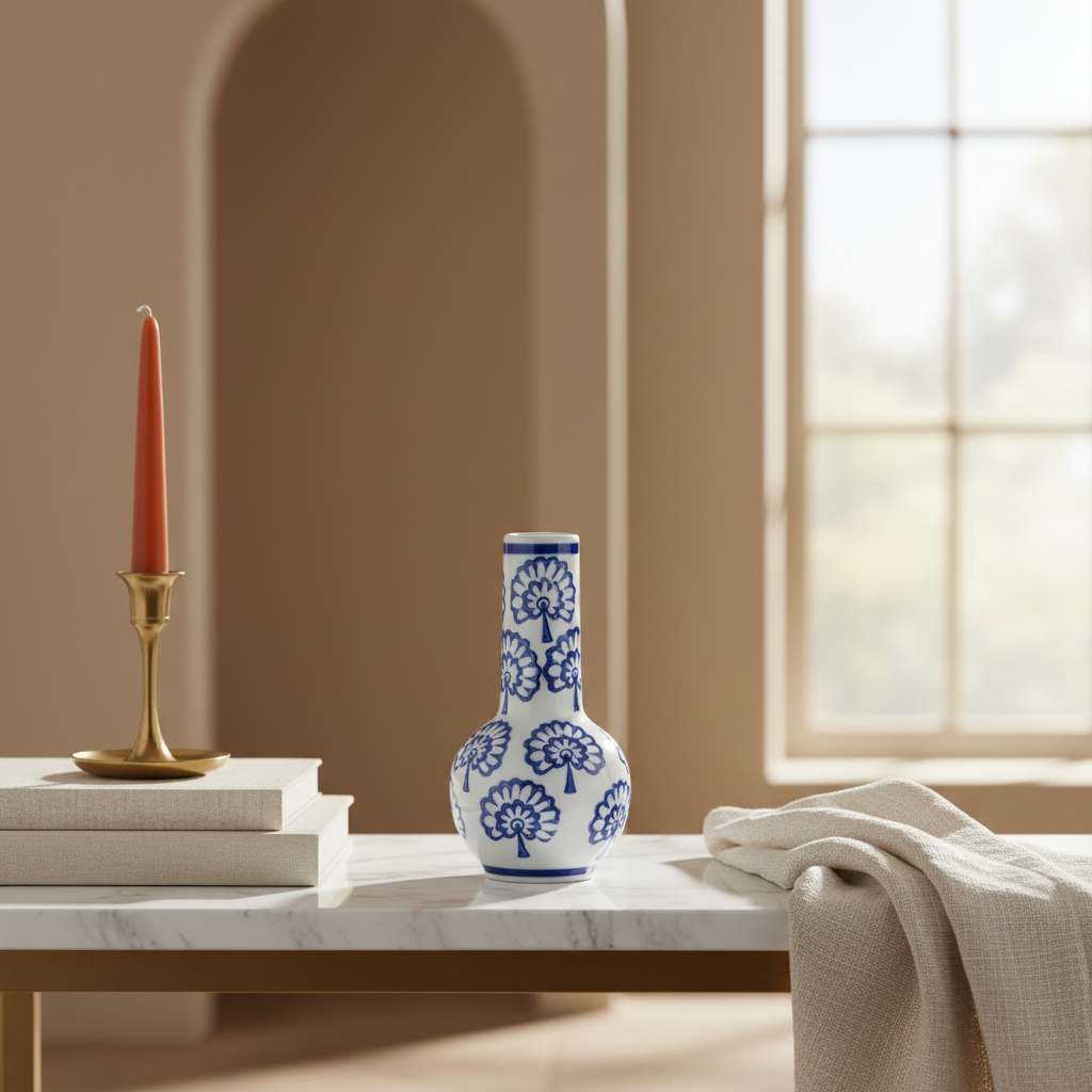 Chinoiserie Blue and White Porcelain Bud Vase on a marble table with candle holder and books.
