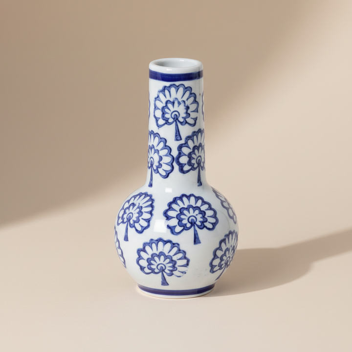 Chinoiserie Blue and White Porcelain Bud Vase with floral pattern, shown individually from the Set of 2.