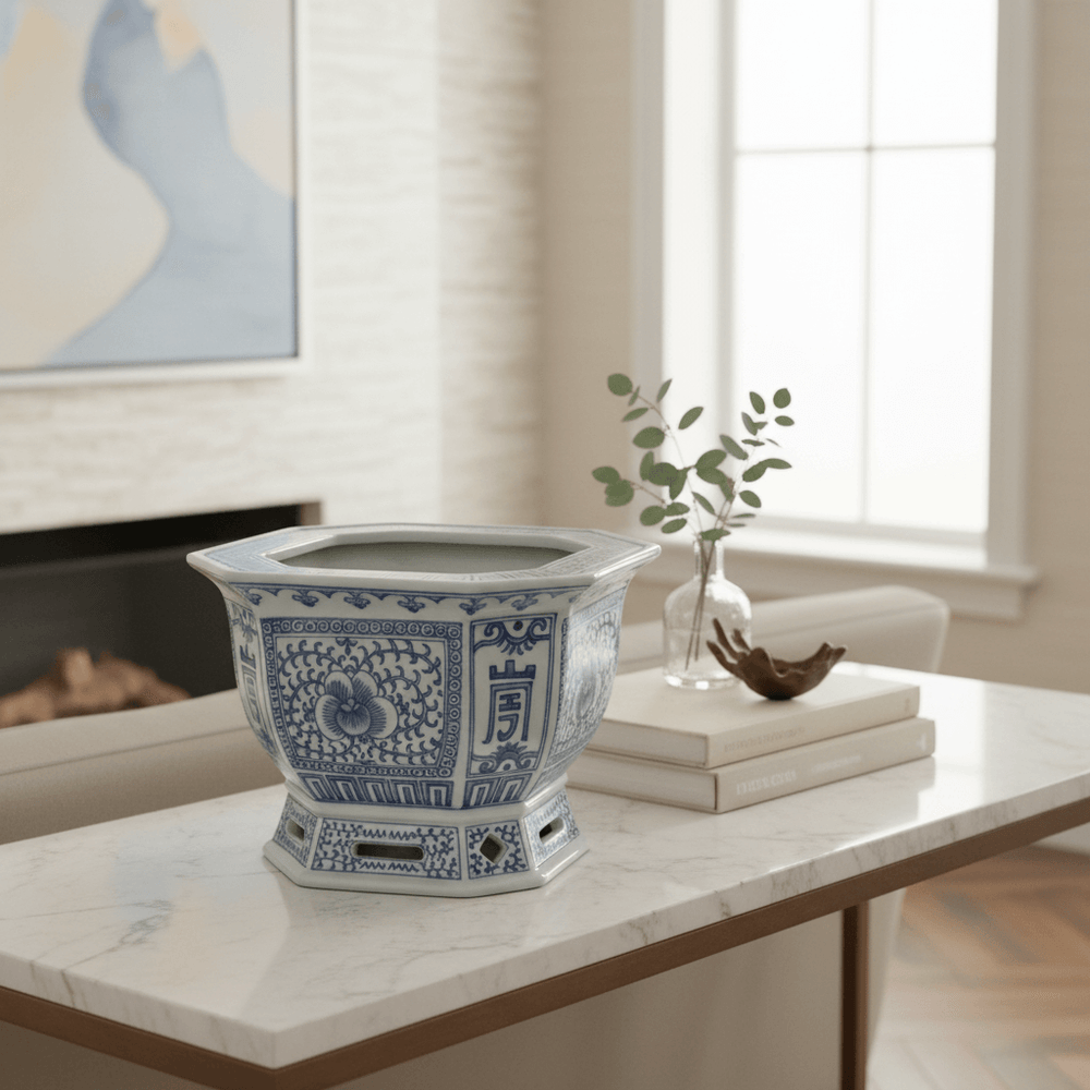 Chinoiserie Blue and White Porcelain Planter on marble table in elegant living room