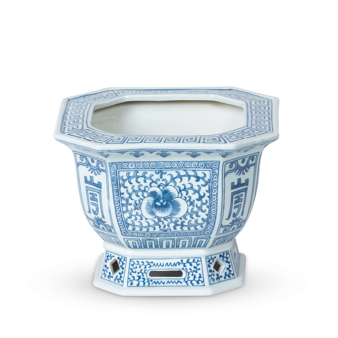 Chinoiserie Blue and White Porcelain Planter in elegant design with blue floral patterns on white porcelain
