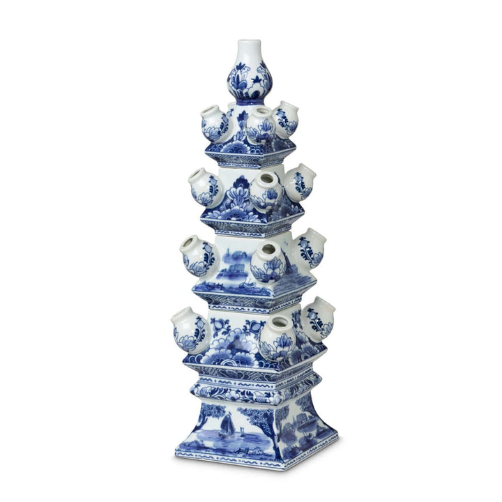Chinoiserie Blue and White Tulip Vase with intricate porcelain design inspired by 17th century European tulipieres.
