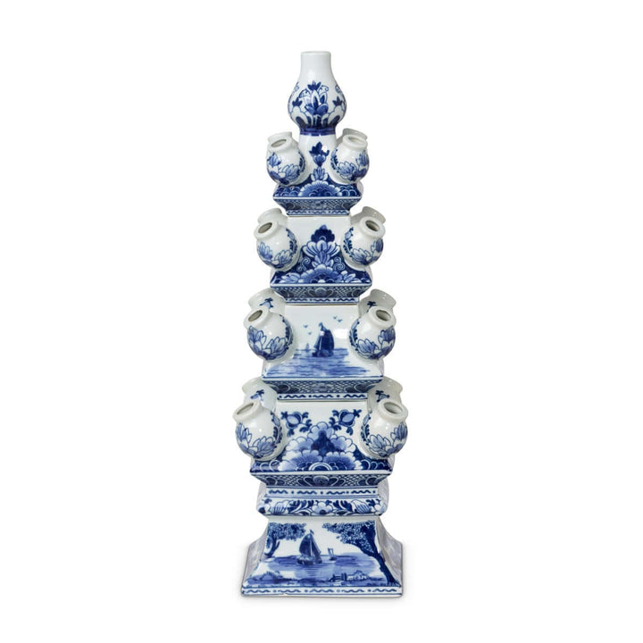Chinoiserie Blue and White Tulip Vase, grand porcelain tulipiere inspired by 17th century European design, elegant architectural grace.