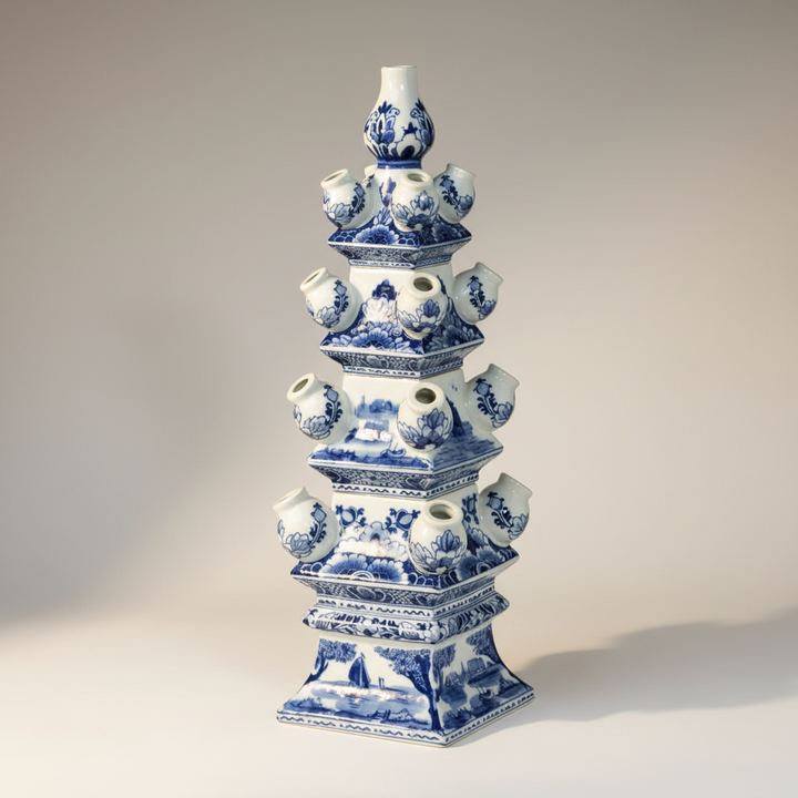 Chinoiserie Blue and White Tulip Vase, elegant porcelain tulipiere for Old World manor decor, architectural grace in blue and white design.