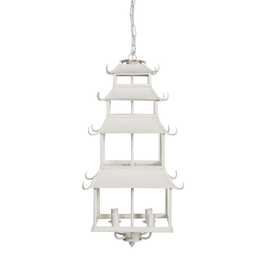 Chinoiserie Peace Pagoda Chandelier with cream finish and pagoda-inspired design, featuring elegant six-light architecture.