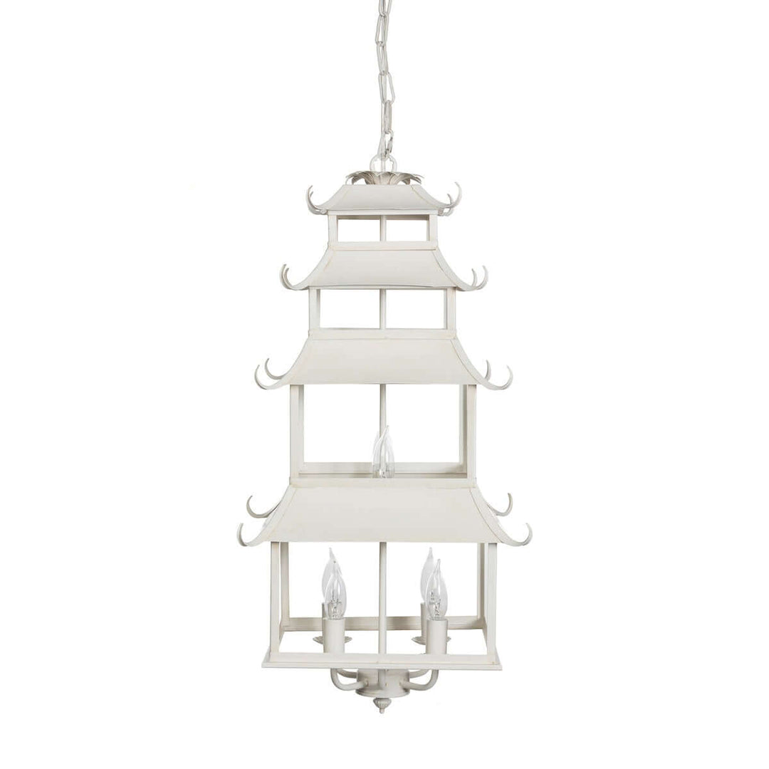 Chinoiserie Peace Pagoda Chandelier with pagoda-inspired tiers and cream finish, showcasing Eastern architectural elegance.