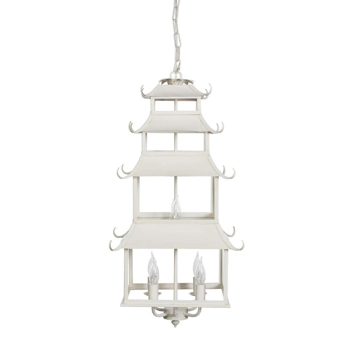 Chinoiserie Peace Pagoda Chandelier with pagoda-inspired tiers and cream finish, showcasing Eastern architectural elegance.