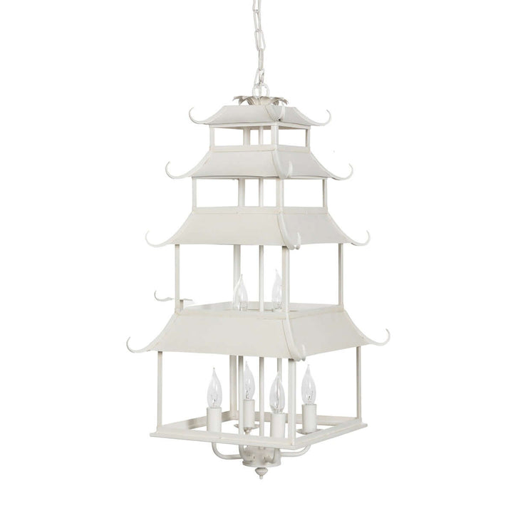 Chinoiserie Peace Pagoda Chandelier with cream finish and six-light design, inspired by Eastern architecture and chinoiserie decor.