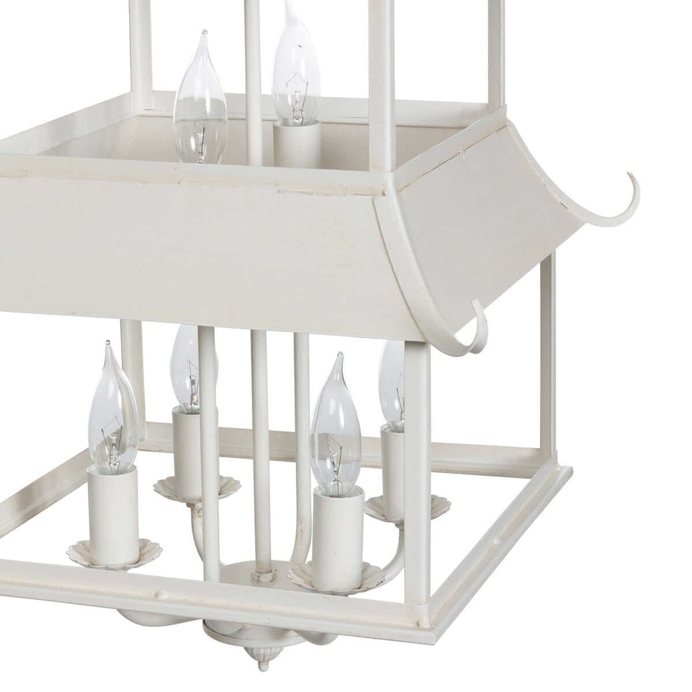 Chinoiserie Peace Pagoda Chandelier with six-light design and cream finish, inspired by Eastern architecture and chinoiserie décor.