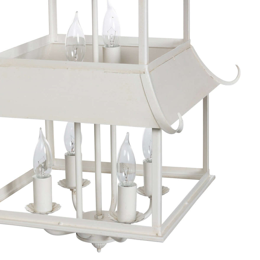Chinoiserie Peace Pagoda Chandelier with six-light design and cream finish, inspired by Eastern architecture and chinoiserie décor.