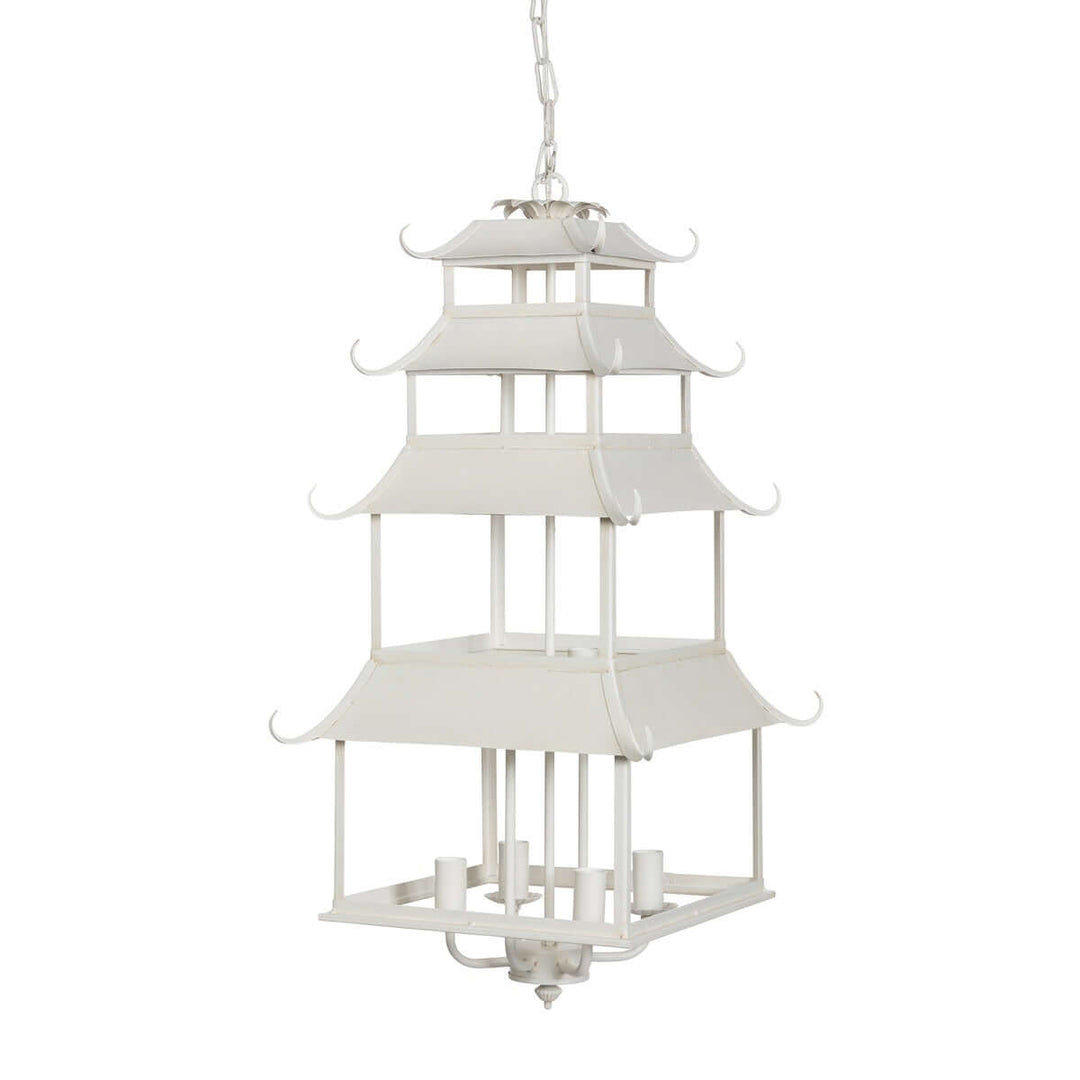 Chinoiserie Peace Pagoda Chandelier with cream finish and six-light design, inspired by Eastern architecture and chinoiserie décor elegance.