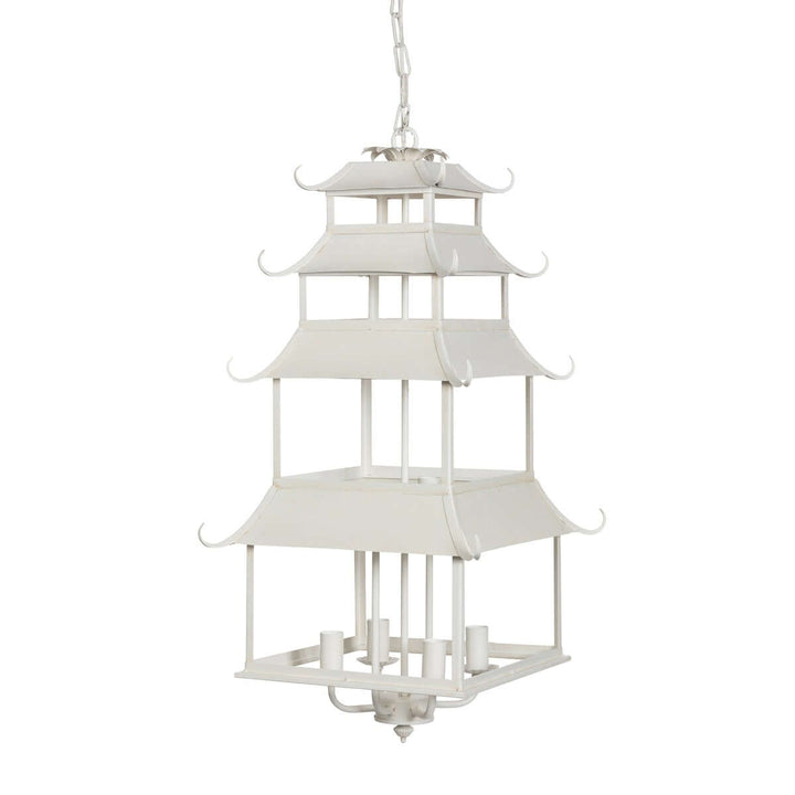 Chinoiserie Peace Pagoda Chandelier with cream finish and six-light design, inspired by Eastern architecture and chinoiserie décor elegance.