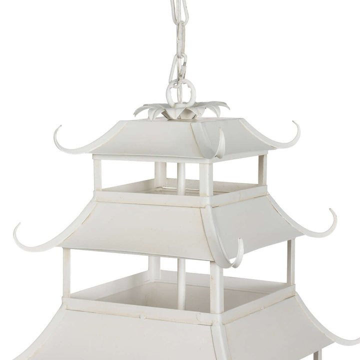 Close-up of Chinoiserie Peace Pagoda Chandelier with pagoda-inspired tiers and cream finish, blending Eastern architecture and chinoiserie style.