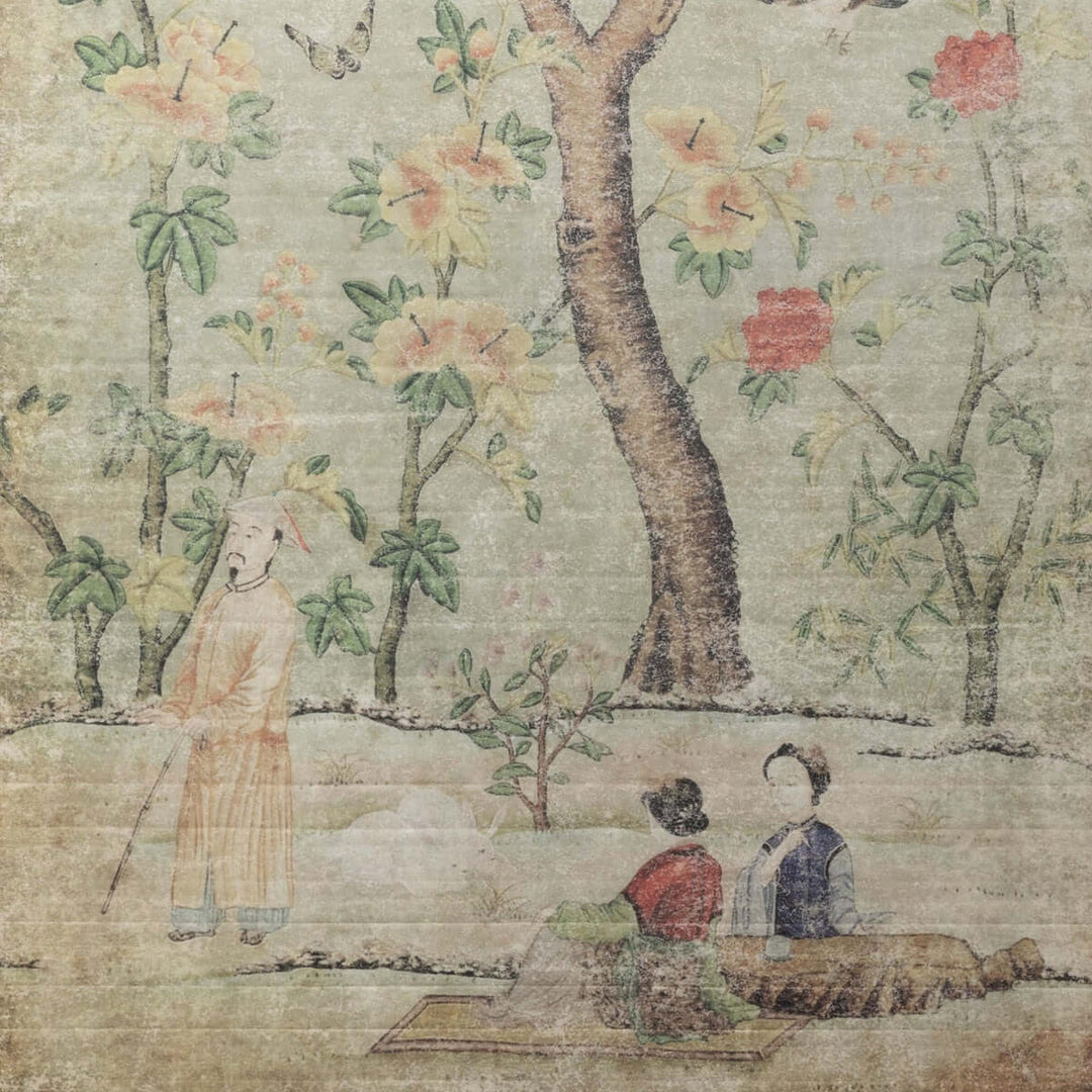 Vintage painting of a serene garden scene with trees, flowers, and figures. Part of Chinoiserie Silk Screen Wall Decor Set.