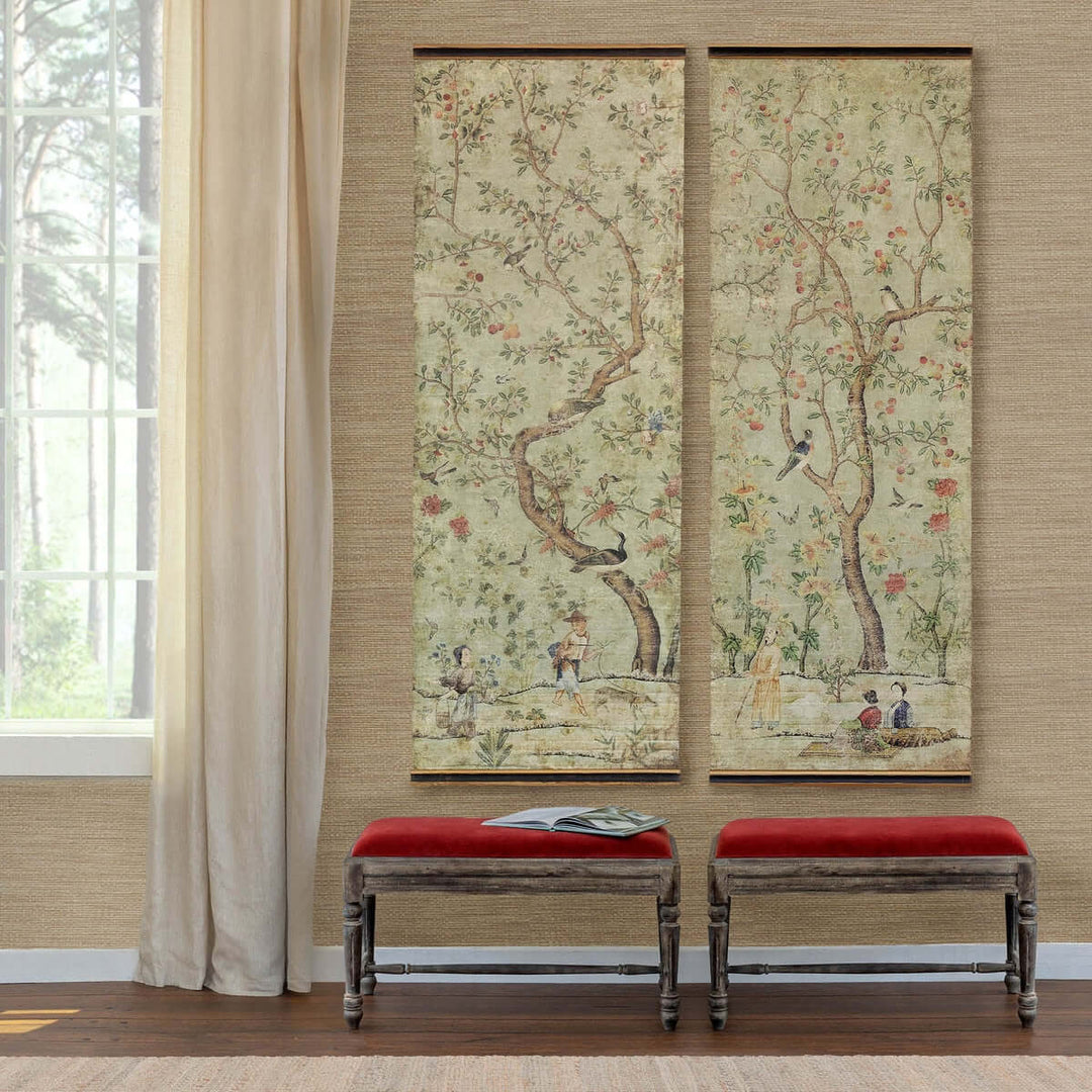 Chinoiserie Silk Screen Wall Decor Set featuring elegant branches and birds on muted distressed panels for home elegance.