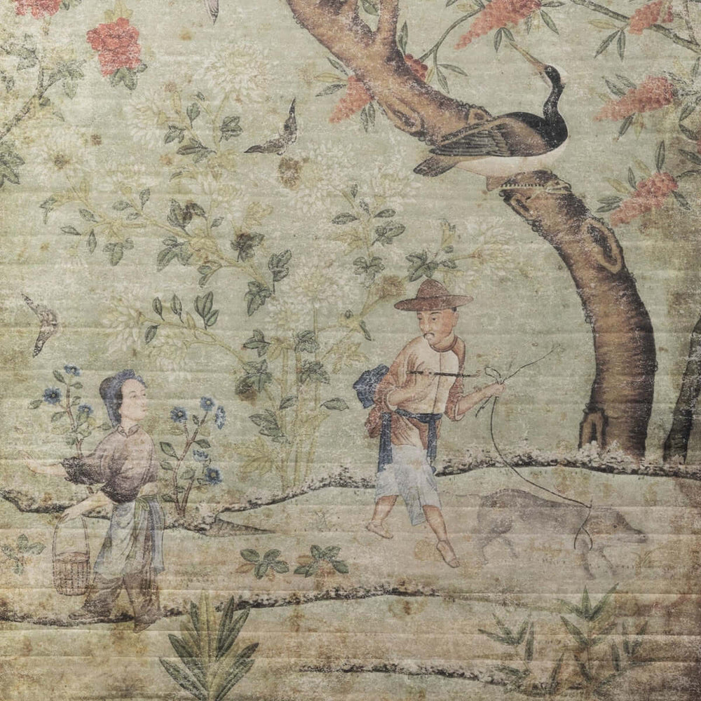Chinoiserie Silk Screen Wall Decor Set with vintage nature and human figures, showcasing branches, blossoms, and birds.
