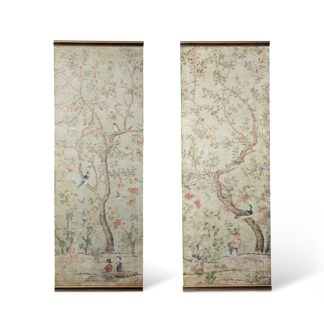 Chinoiserie Silk Screen Wall Decor Set featuring delicate branches, blossoms, and birds in soft muted colors on distressed panels.