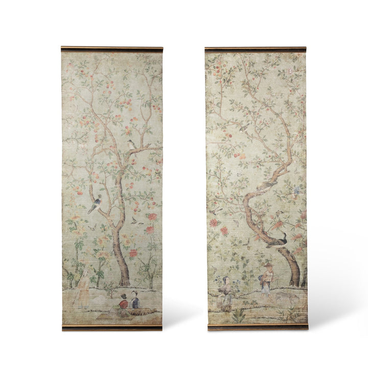 Chinoiserie Silk Screen Wall Decor Set featuring delicate branches, blossoms, and birds in soft muted colors on distressed panels.