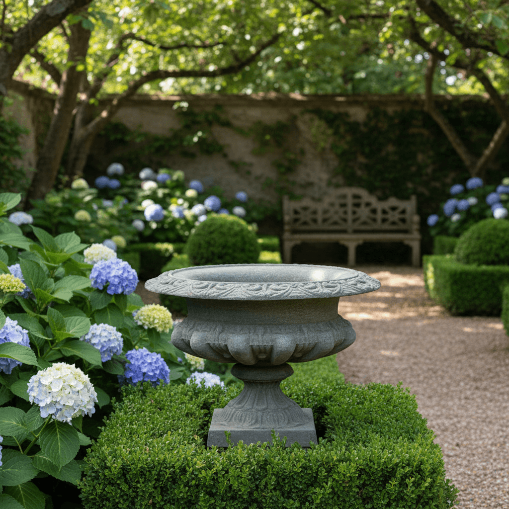 Classic Cast Iron Garden Urn with Weathered Patina Finish in elegant garden setting