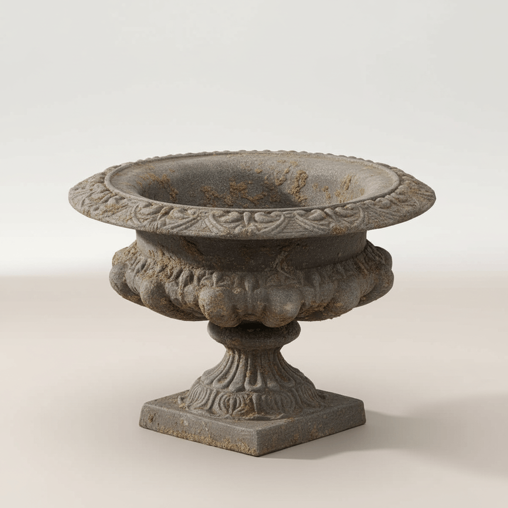 Classic Cast Iron Garden Urn with Weathered Patina Finish on display.