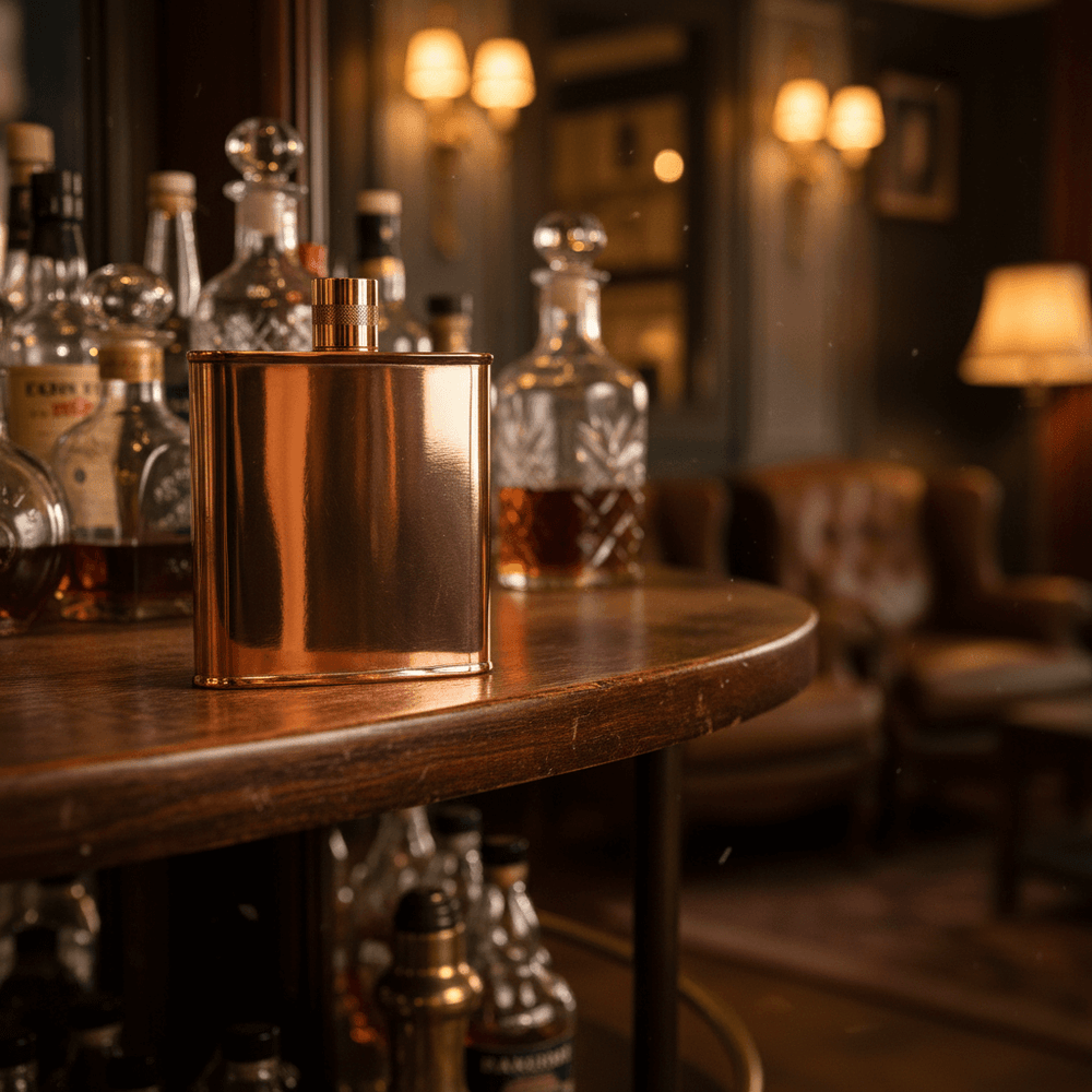 Copper flask on a wooden table with bottles in a bar setting