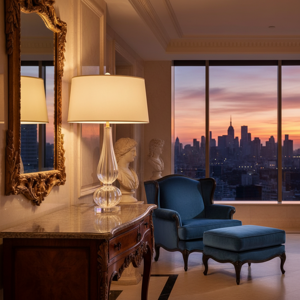 Luxurious room with a blue armchair, table lamp, and cityscape view. A glass table lamp is placed on a console.