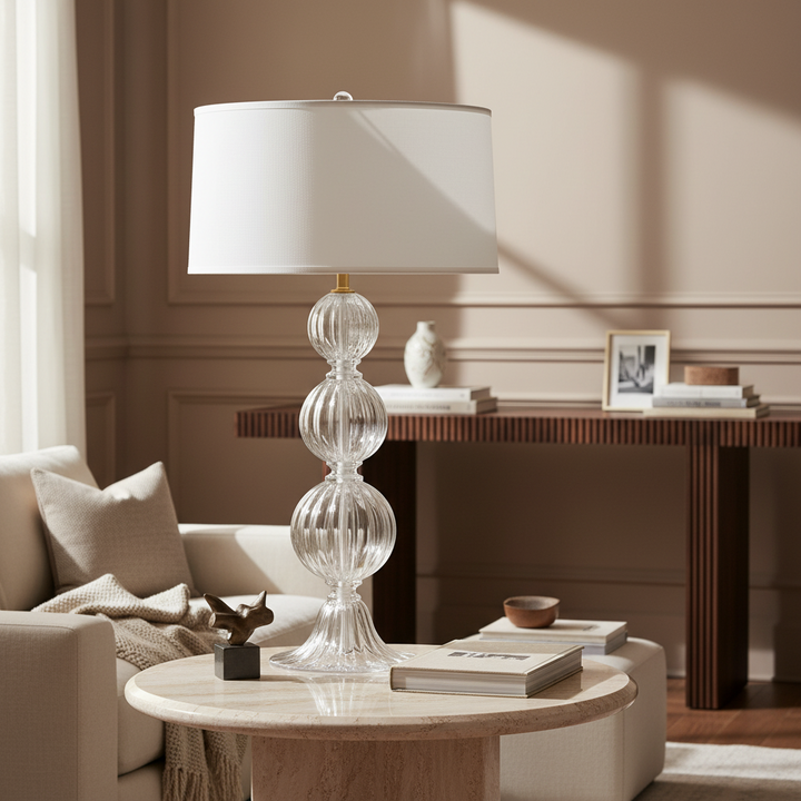Decorative table lamp on a table in a living room setting