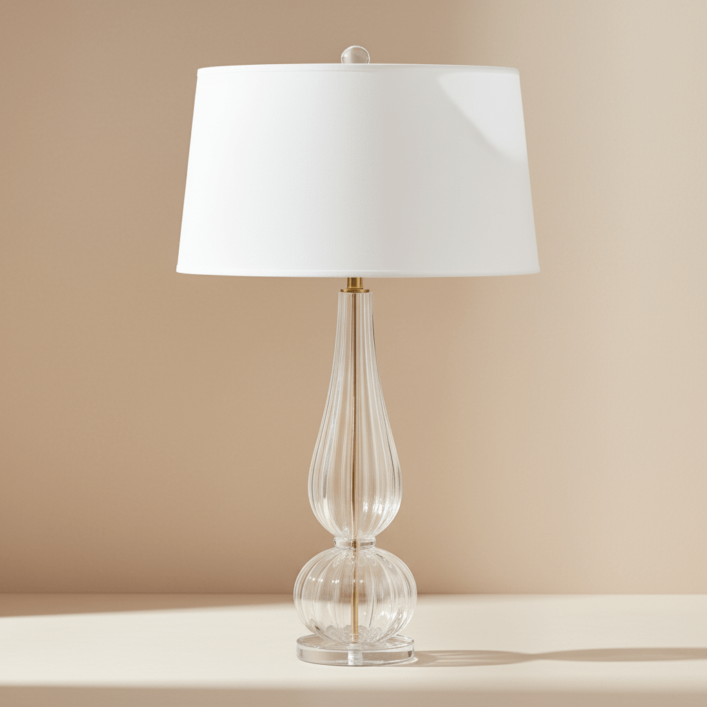 Table lamp with a clear glass base and white shade on a beige surface.