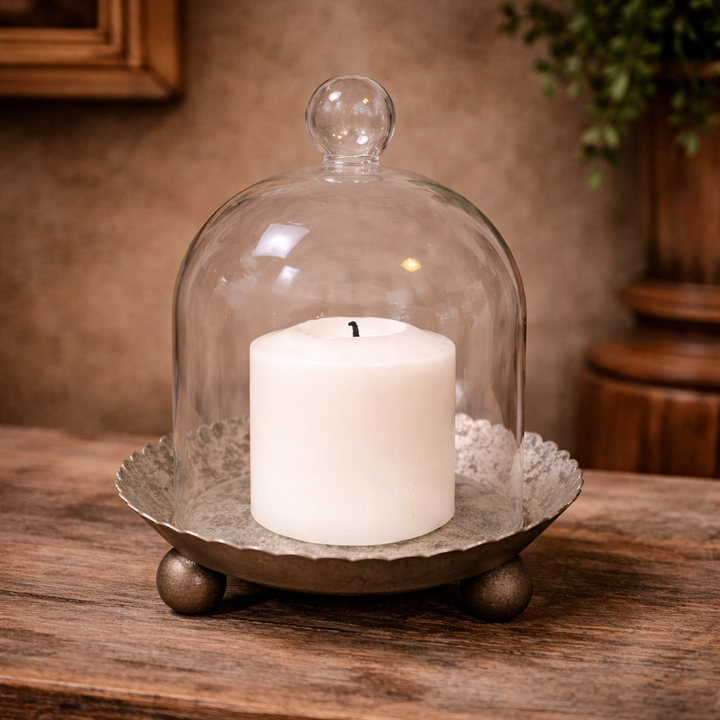 Silver metal plate and clear cloche candle holder