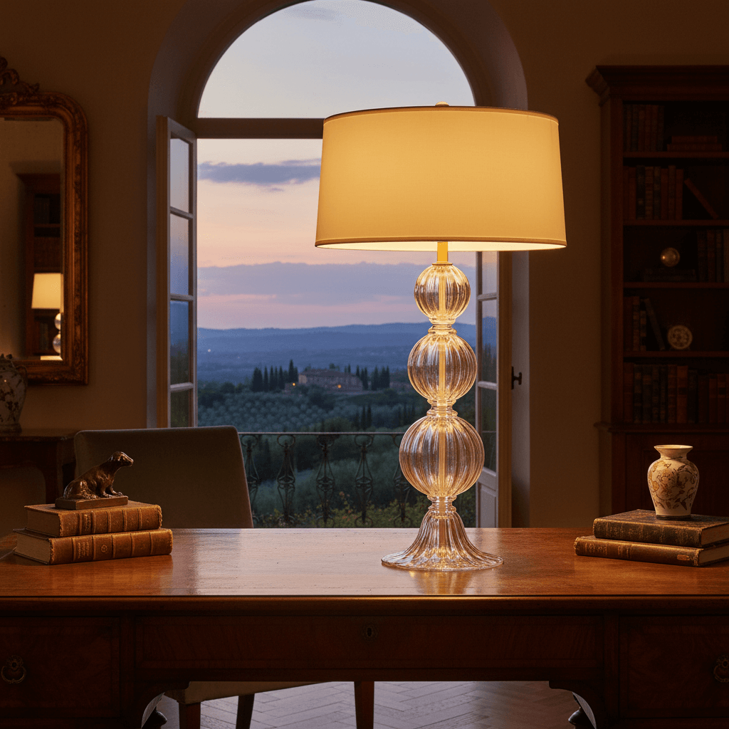 Decorative glass table lamp on a wooden desk with a scenic view through a window.