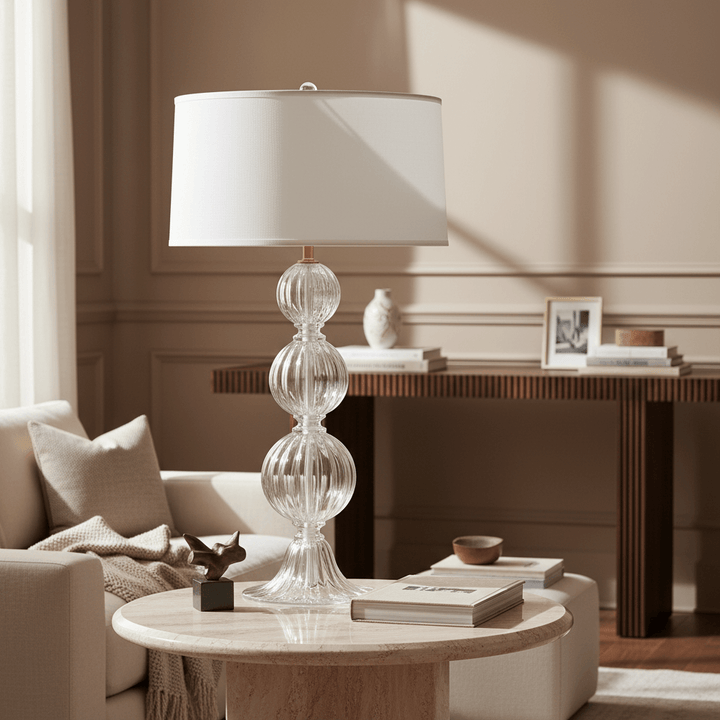 Decorative table lamp on a table in a living room setting