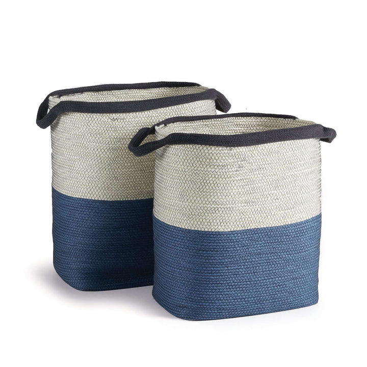 Coastal blue and natural woven storage baskets with handles, set of 2, perfect for stylish organization.