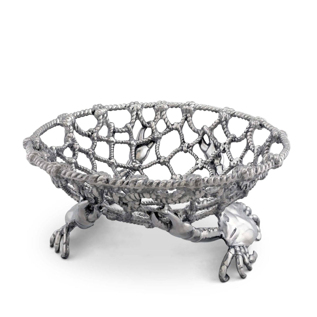 Handcrafted Coastal Crab and Net Fruit Basket in aluminum, reflecting maritime tradition and seaside elegance.