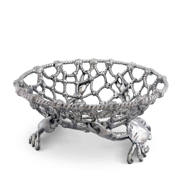 Handcrafted Coastal Crab and Net Fruit Basket in aluminum, reflecting maritime tradition and seaside elegance.