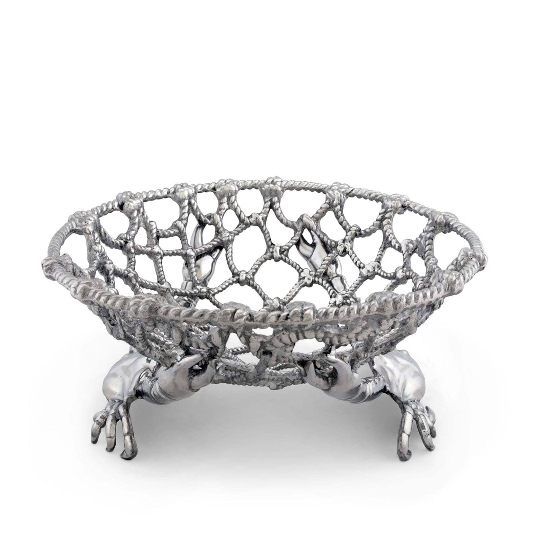 Coastal Crab and Net Fruit Basket handcrafted aluminum design with crab claws and net motif for seaside living elegance.