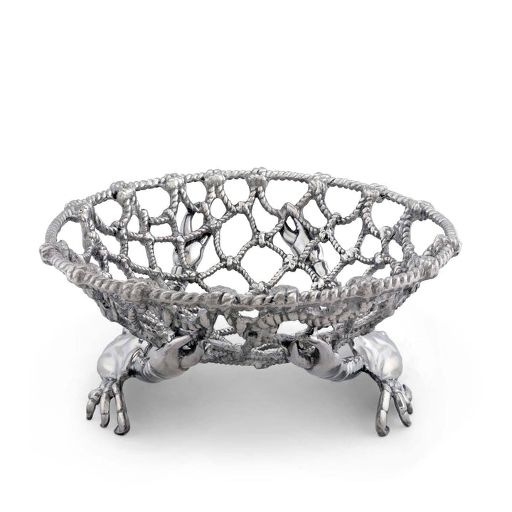 Coastal Crab and Net Fruit Basket handcrafted aluminum design with crab claws and net motif for seaside living elegance.