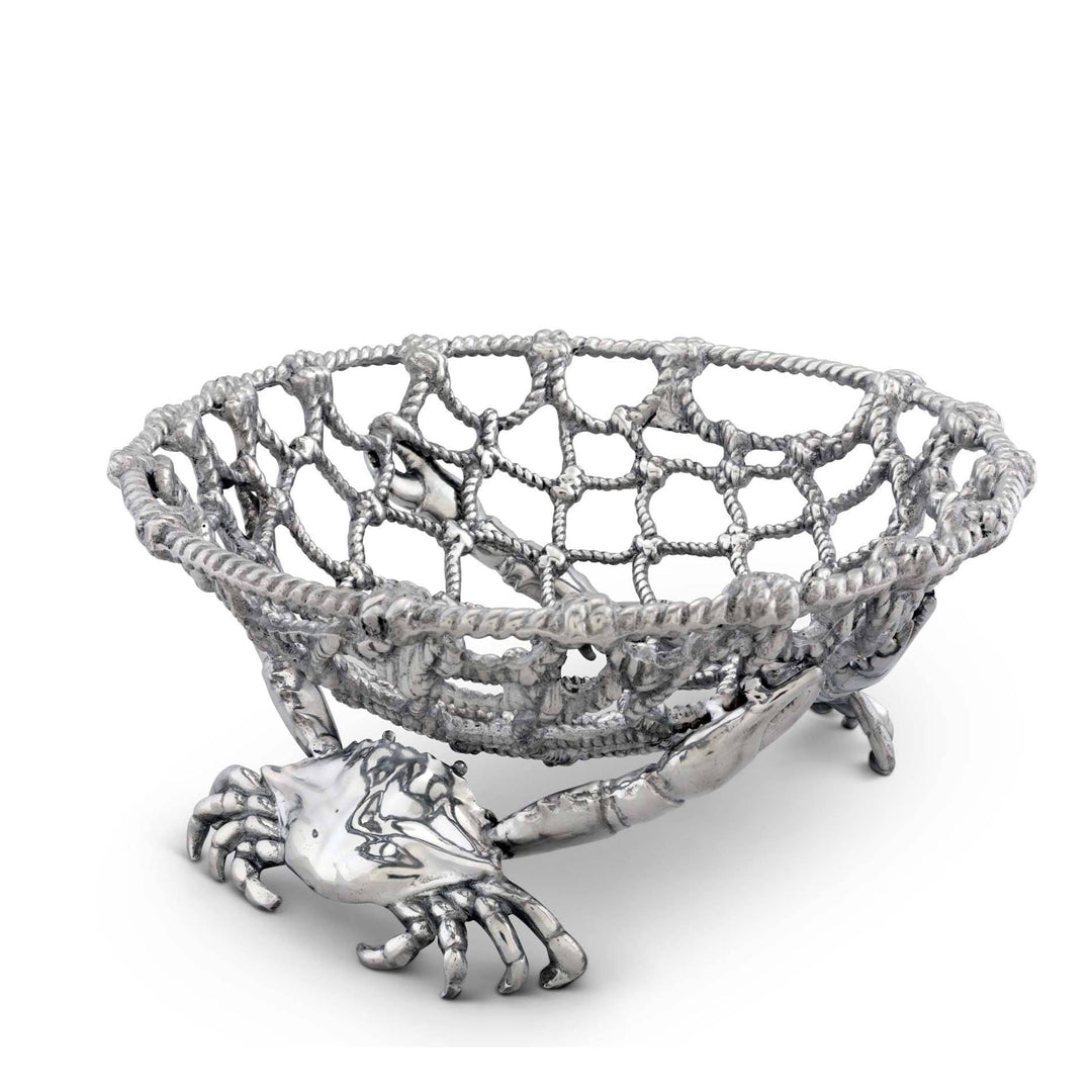Handcrafted aluminum Coastal Crab and Net Fruit Basket, inspired by maritime tradition, featuring detailed crab and net design.