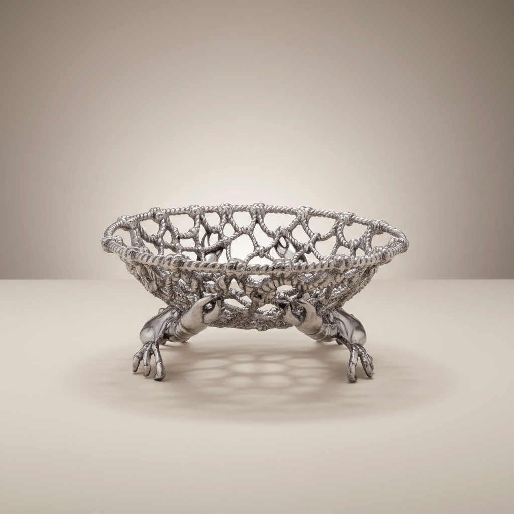 Coastal Crab and Net Fruit Basket made of handcrafted aluminum, embodying maritime elegance and craftsmanship with a crab and net design.