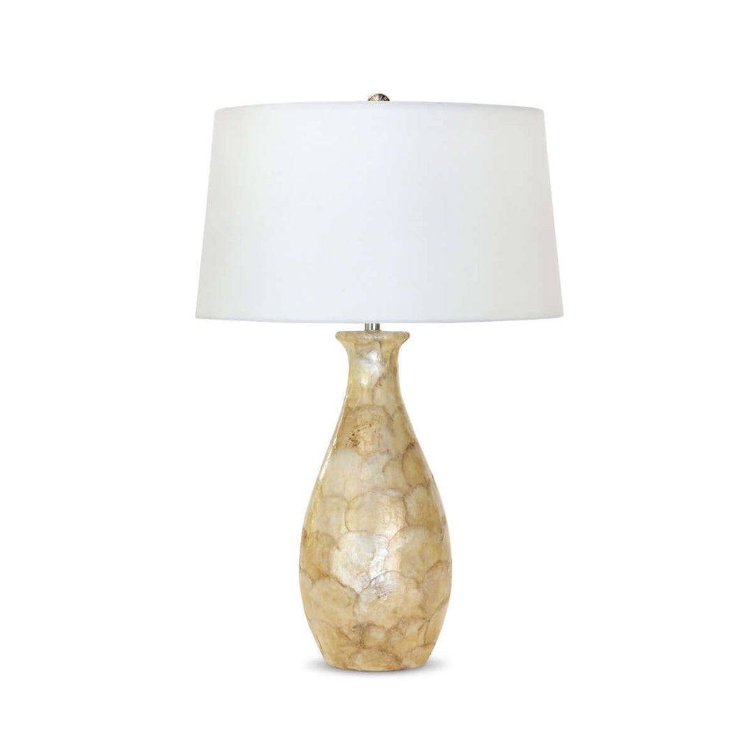 Coastal Pearl Capiz Shell Table Lamp with Linen Shade, elegant seaside decor with shimmering capiz shell base and white linen shade.