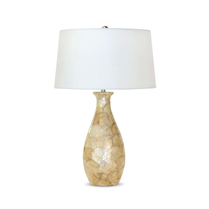Coastal Pearl Capiz Shell Table Lamp with Linen Shade, elegant seaside decor with shimmering capiz shell base and white linen shade.