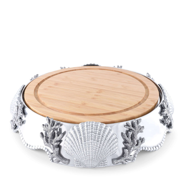 Coastal Shell and Coral Cheese Board Pedestal with ocean-inspired design and shell detailing, perfect for elegant entertaining.
