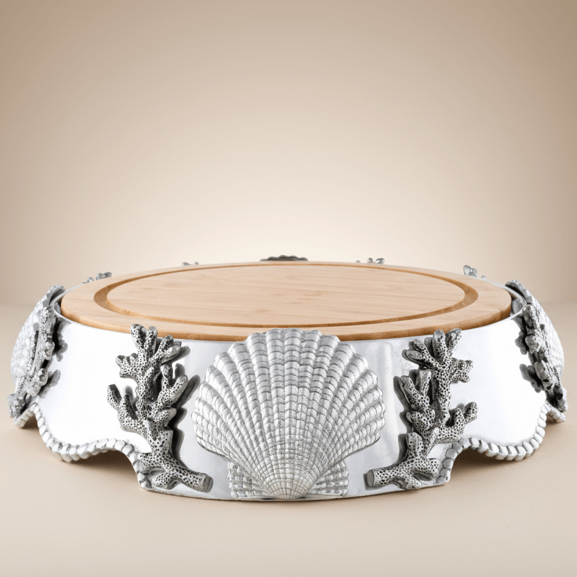 Coastal Shell and Coral Cheese Board Pedestal showcasing ocean-inspired design with silver shell and coral details.